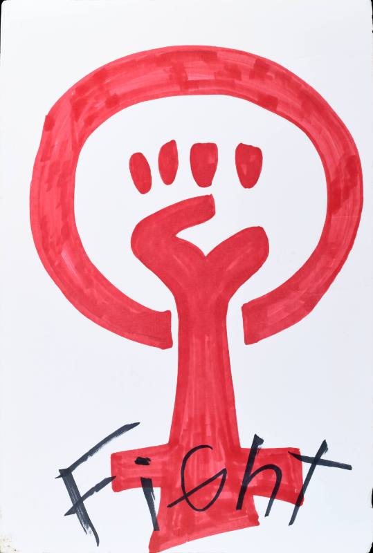 A poster of a red raised fist on a white background