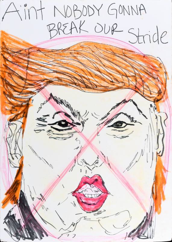 A poster with a drawing of Donald Trump with an x over his face on a white background