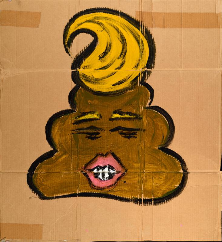 A poster of a hand drawn pile of poop styled as Donald Trump on cardboard