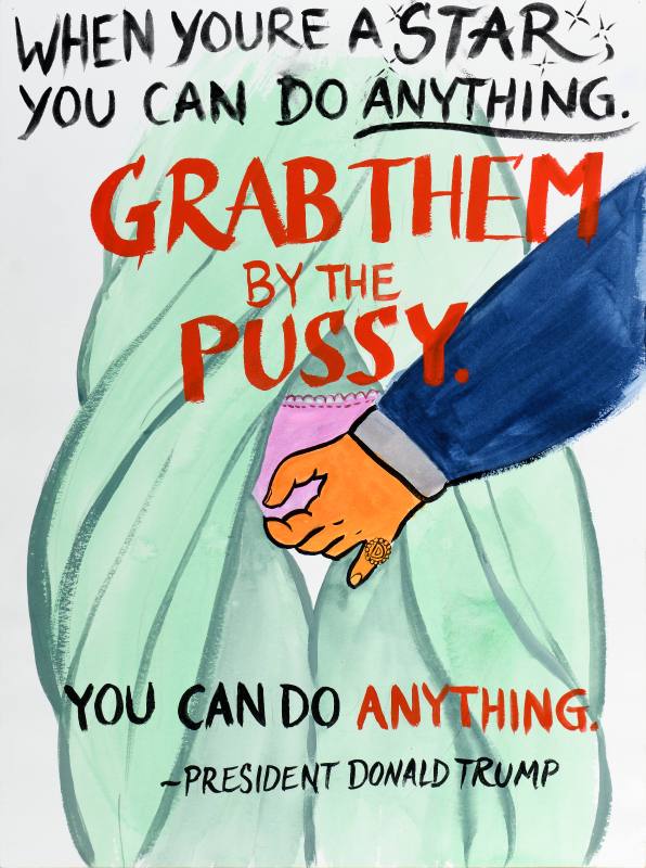 A poster with a drawing of an orange hand reaching up the skirt of the statue of liberty