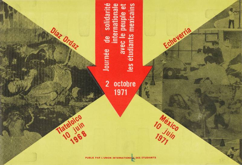 A poster of a red arrow above images of people and below a picture of three bloodied young people.