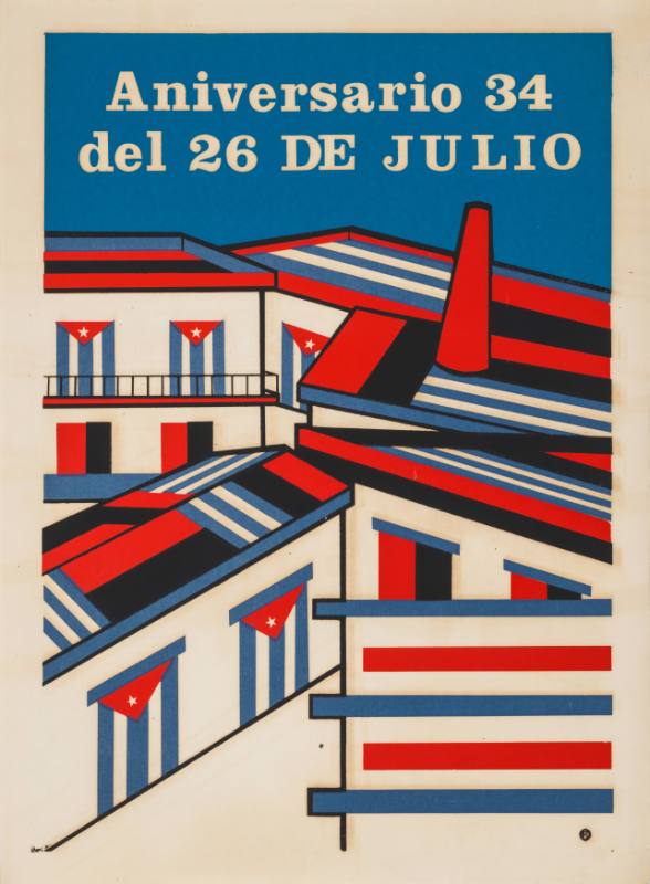 A poster of tightly packed blue, white, and red buildings all covered with a series of Cuban flags.