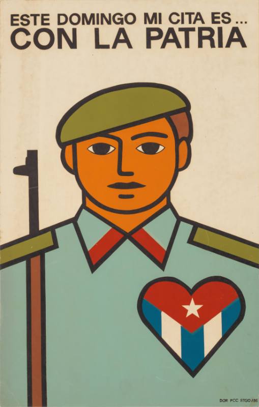 A poster of a soldier with a gun and a heart on their chest filled with the Cuban flag.