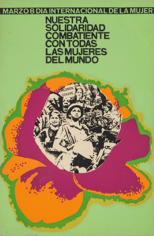 A poster of picket signs, people, and a soldier with a gun pasted over the middle of a flower.