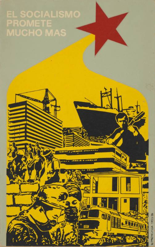 A poster of a red star above construction, ships, trains, a guitar player, workers, and doctors.