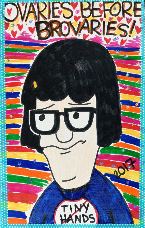 A poster of a gloomy cartoon woman with glasses on a rainbow background