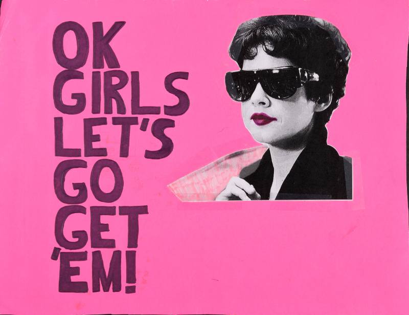 A pink poster with a black and white photograph of a woman wearing sunglasses