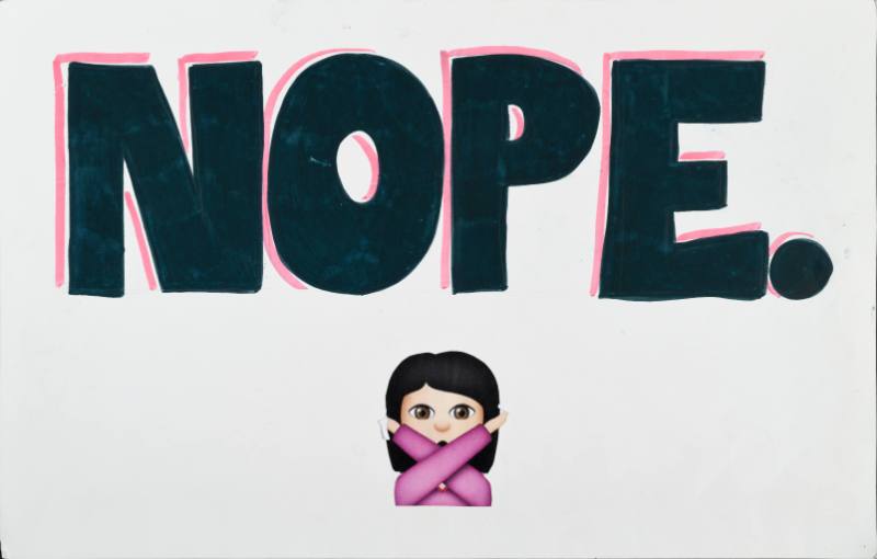 A poster of black text on a white background with an emoji of a woman making an x with her arms Image