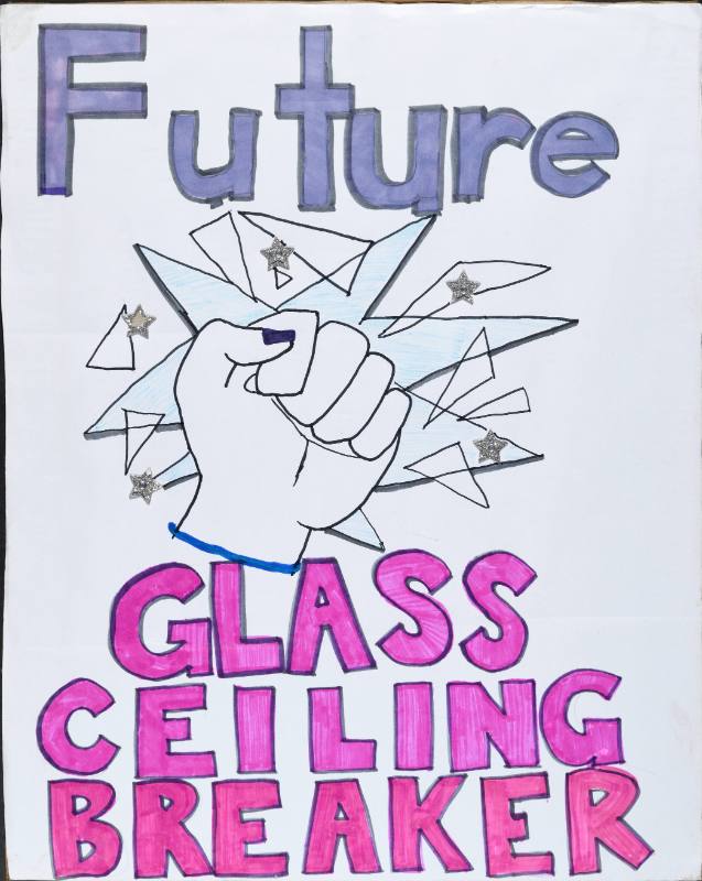 A poster of a cartoon fist punching through glass on a white background