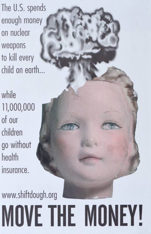 A poster of a mushroom cloud rising from a hole in the cracked head of a porcelain doll.