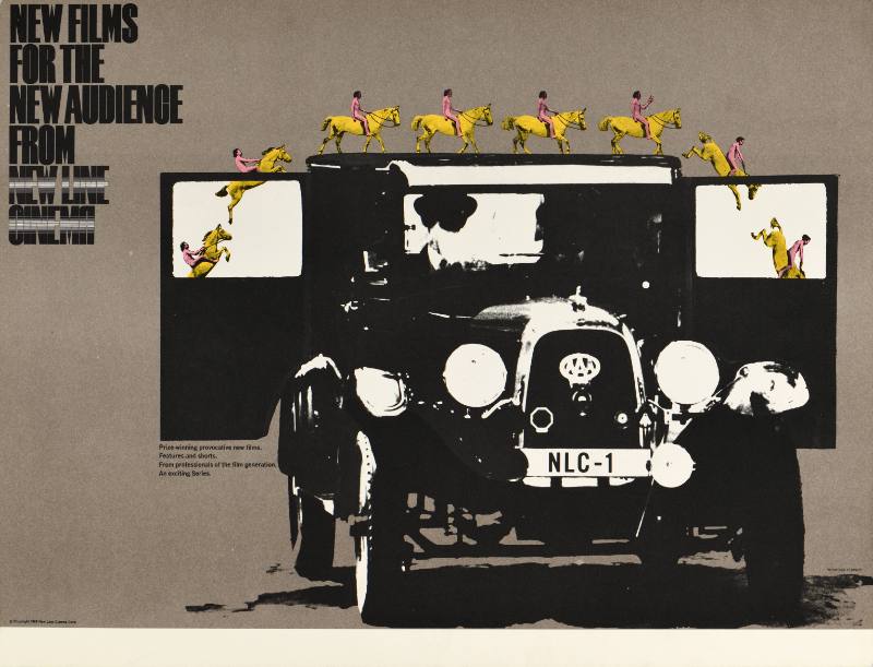 A poster of a vintage automobile under an arc of images of a figure riding on horseback.