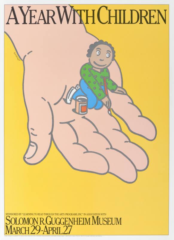 A poster of a child holding a paintbrush sitting in the palm of a giant hand.