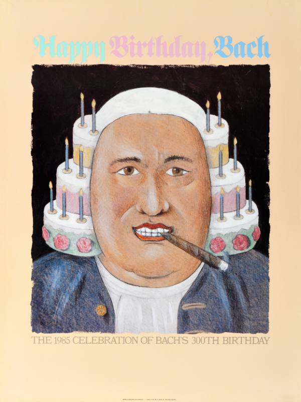 A poster of Bach with a cigar and a candle lit white three tiered cake mimicking his hair.