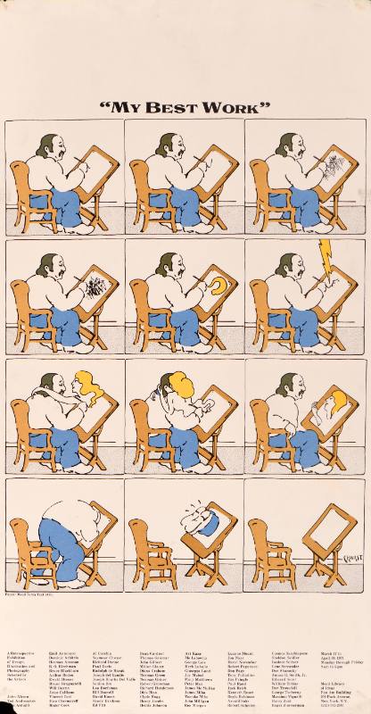 A poster divided into 12 panels of a man drawing a woman who comes to life.
