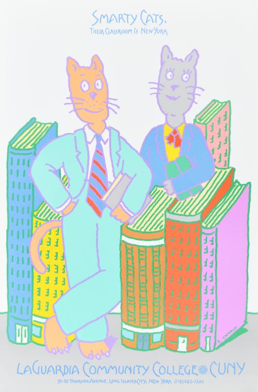A poster featuring two well dressed cartoon cats looming over a city made of books.