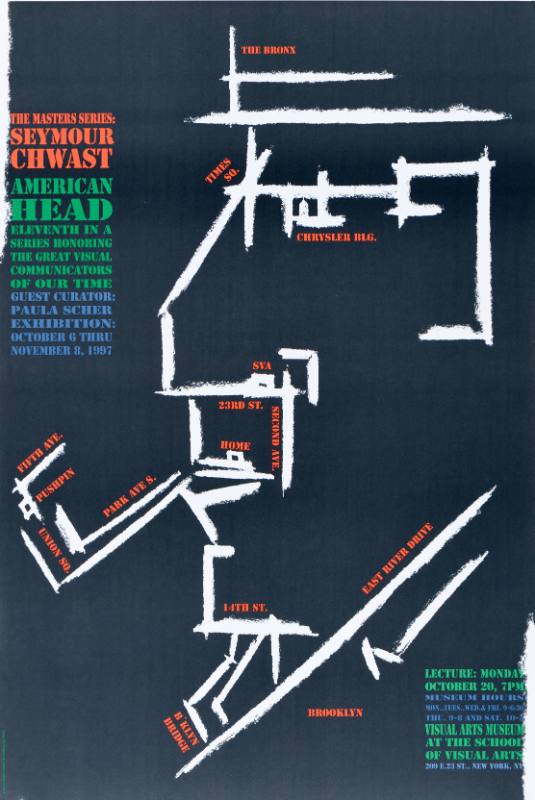 A poster of a street map with thick white lines forming a man's profile with a pipe.