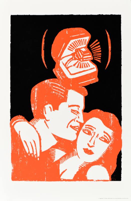 A poster featuring a man and woman embracing beneath a large diamond ring in a box.