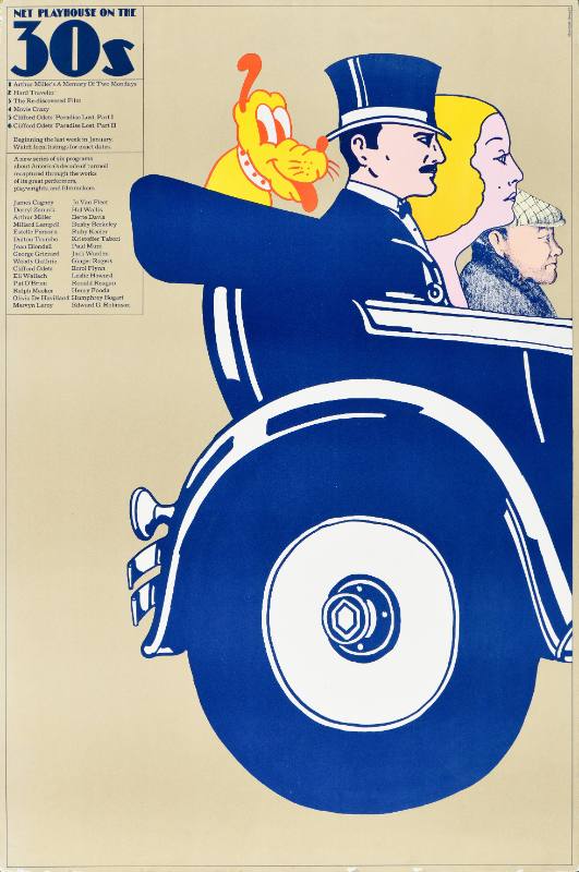 A poster featuring people riding in an old fashioned convertible with Pluto the dog.