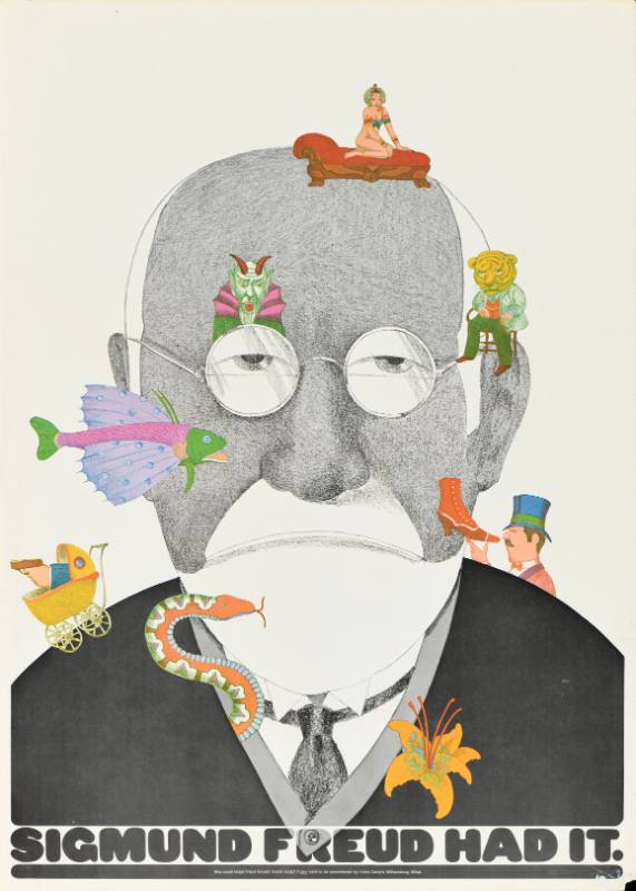 An illustrational poster featuring a black and white Sigmund Freud surrounded by colorful dream imagery.