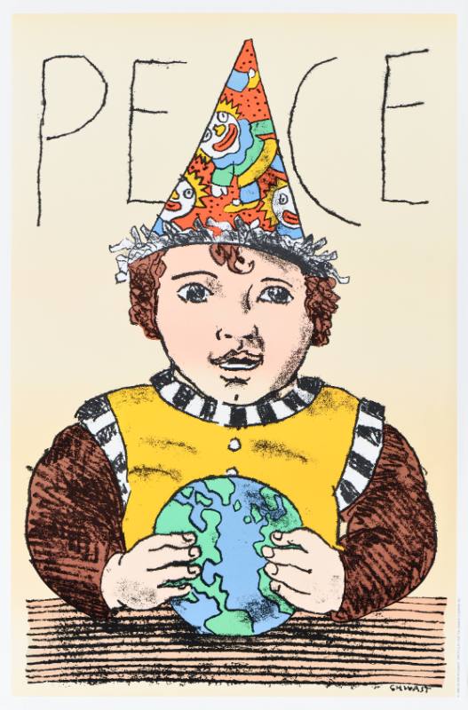A poster of a child in a colorful clown hat holding the Earth in his hands.