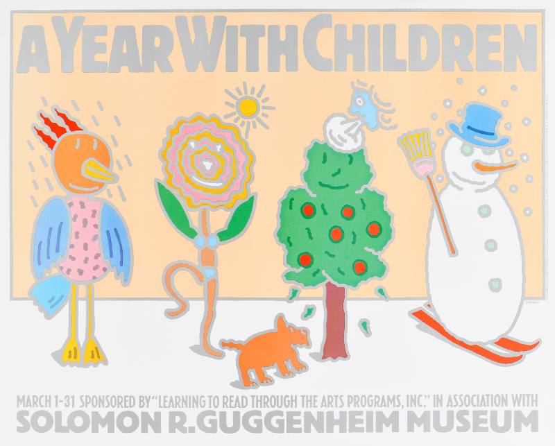 A poster of a cartoon bird, an apple tree, a flower and a snowman.