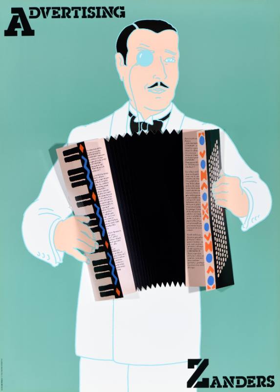 A poster of a man with a monocle wearing a white suit playing an accordion.