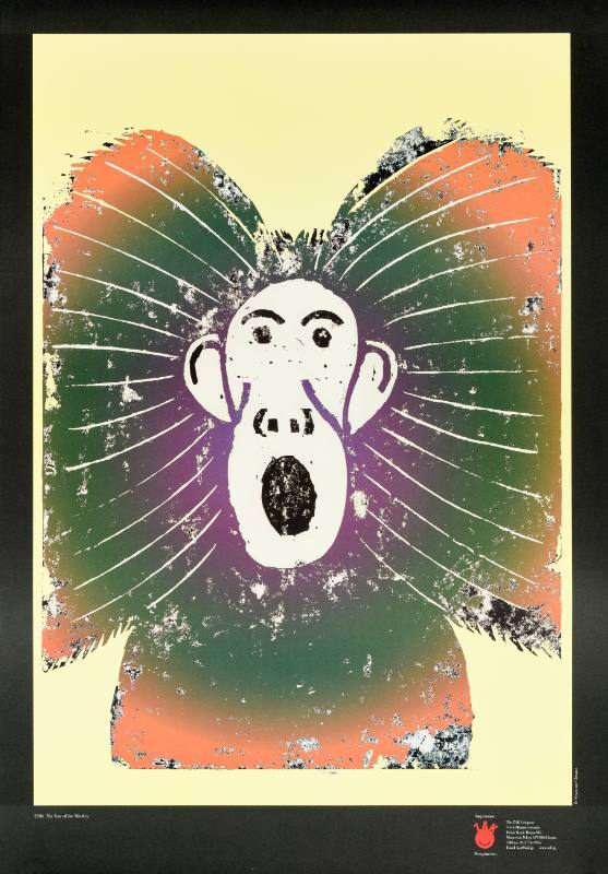 A poster of a rainbow colored howler monkey.