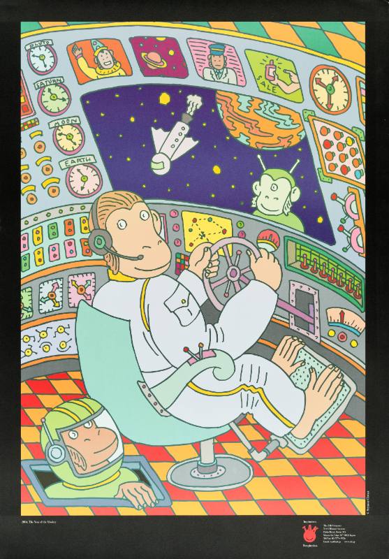 A poster of two monkey astronauts in a spaceship looking at a monkey alien.