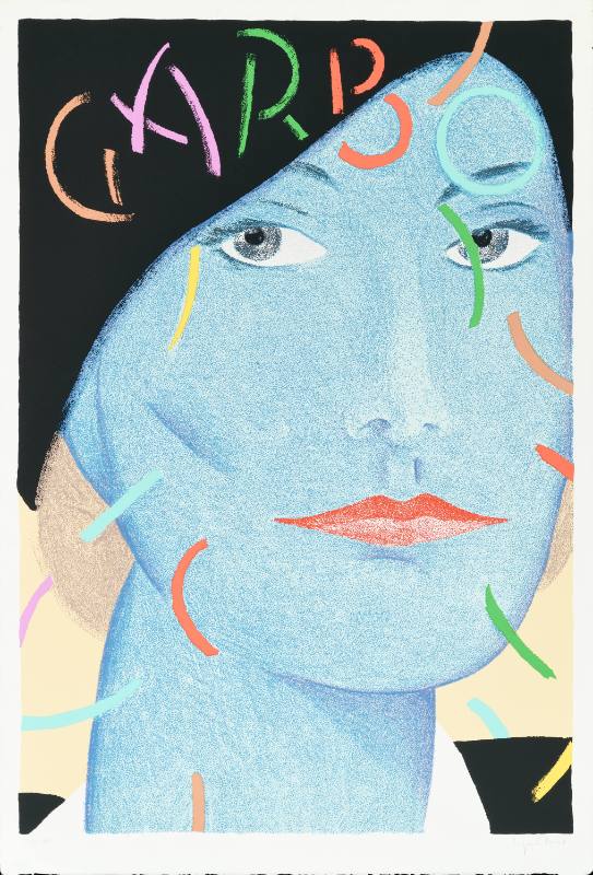 A poster featuring a blue Greta Garbo and colorful streamers.