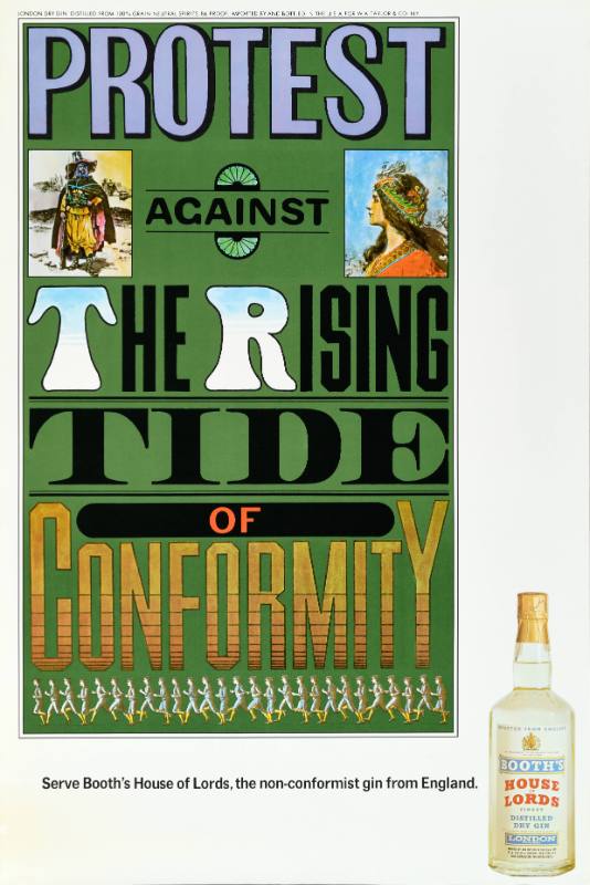 A poster of mixed typefaces with 2 images of British Lords, figures running, and a bottle of gin. Image