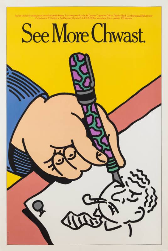 A poster of a left hand drawing a portrait with a pipe and diagonal striped tie.