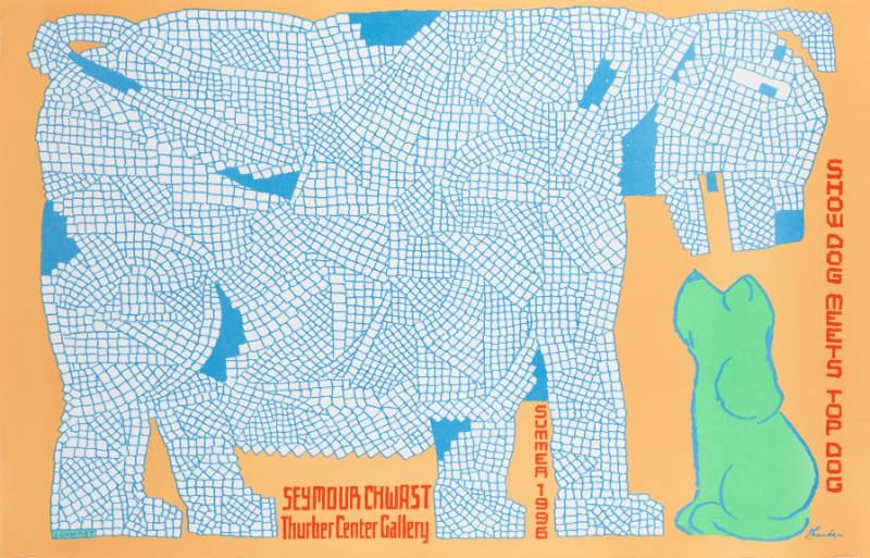 A poster of a giant, blue and white patterned dog smiling down to a small, green seated dog.