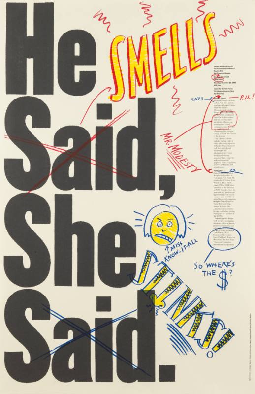 A poster featuring large block text, some crossed out, with new words and pictures scrawled over it.