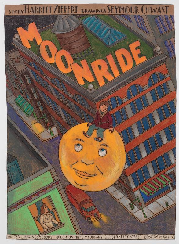 A poster of a boy riding a smiling full moon over rooftops on a city street.