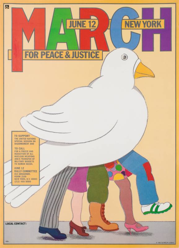 A poster of a dove with five human legs representing diversity; 4 adults standing and 1 youth marching.