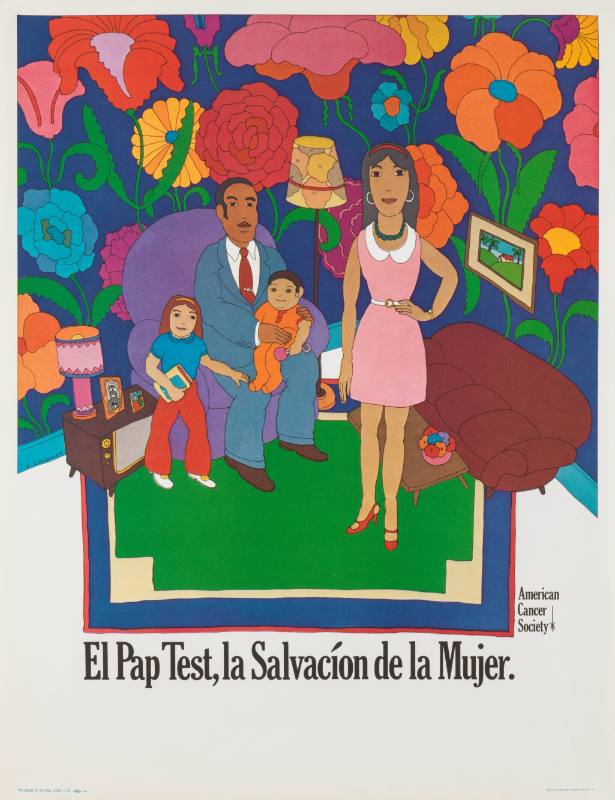 A poster of a woman standing in a living room with her family seated behind her, and bold floral wallpaper.