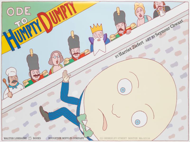 A poster featuring Humpty Dumpty falling off a wall while a horrified crowd looks on.
