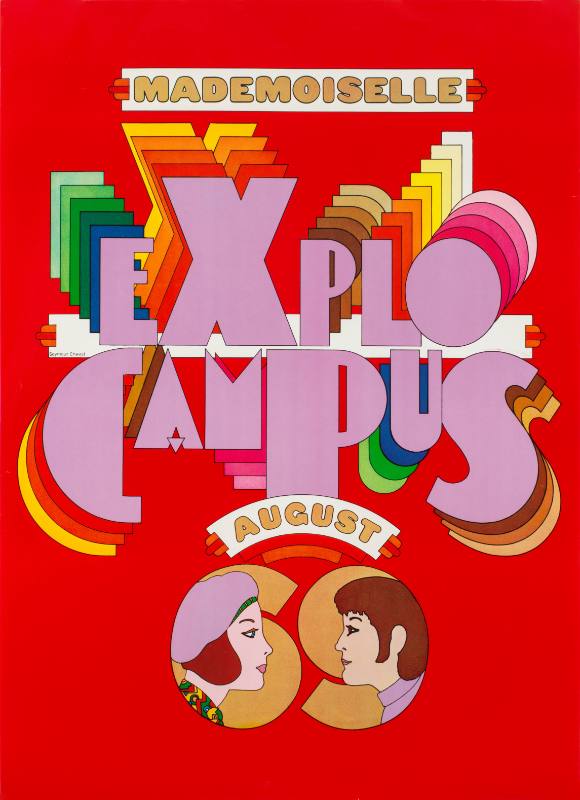 A poster featuring rainbow colored art deco text and a couple facing each other.