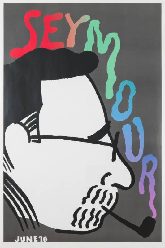 A poster featuring the profile of a pipe smoking man, with letters formed from colorful smoke.