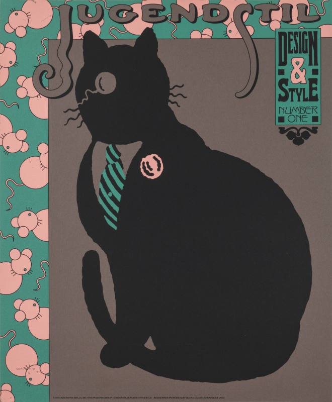 A poster featuring a black cat wearing a suit and tie and a monocle with a border with pink mice.