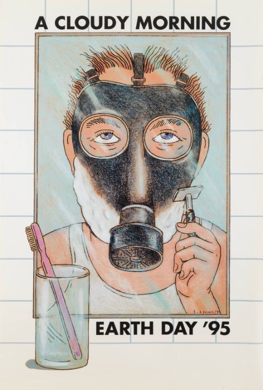 A poster featuring a man holding a razor trying to shave in the mirror while wearing a gas mask. 