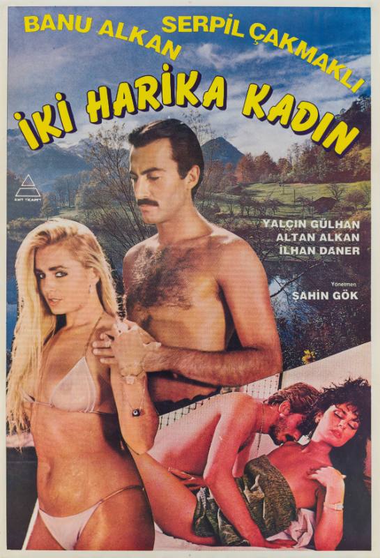 A poster of a man and a woman in bathing suits at a mountain lake, and a nude couple in bed.