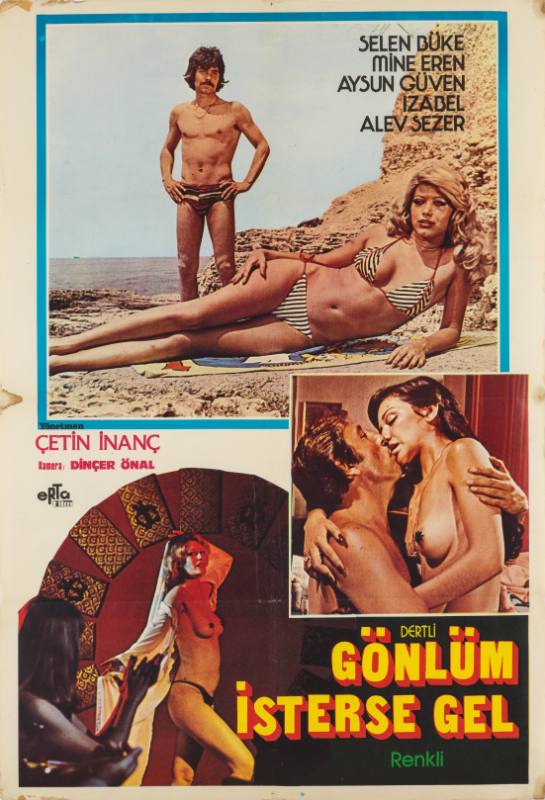 A poster of a man and a woman at a beach, a man and a woman kissing, and two women partially dressed.
