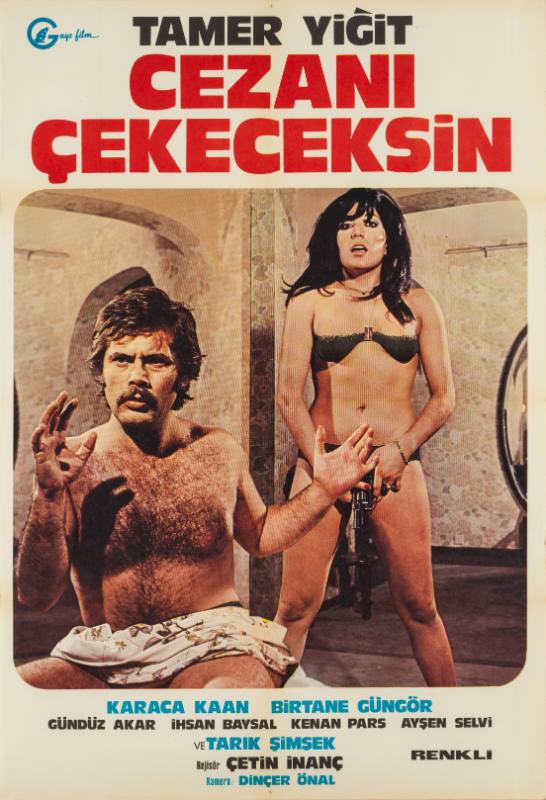 A poster featuring a bikini clad woman holding a gun between her legs and a seated shirtless man.