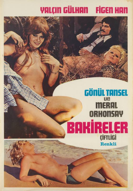 A poster of women covering their chest with long hair and twigs, and one topless on the beach.