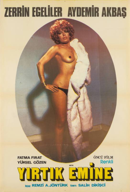 A photographic poster of a half topless woman partially covering herself with a white, mink coat.