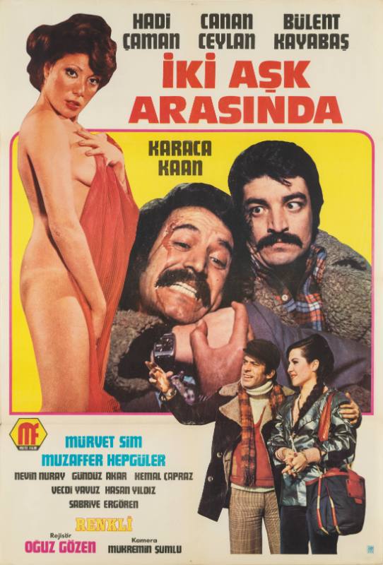 A poster of a nude woman clutching a red sheet next to two men fighting above a couple on a stroll.