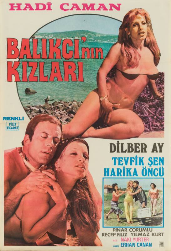 A poster of a woman at the seaside wearing a bikini above a couple in a loving embrace.