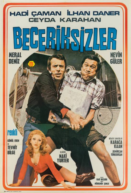 A poster of two men fighting over a box above a beautiful woman in a red blouse and thigh high boots.