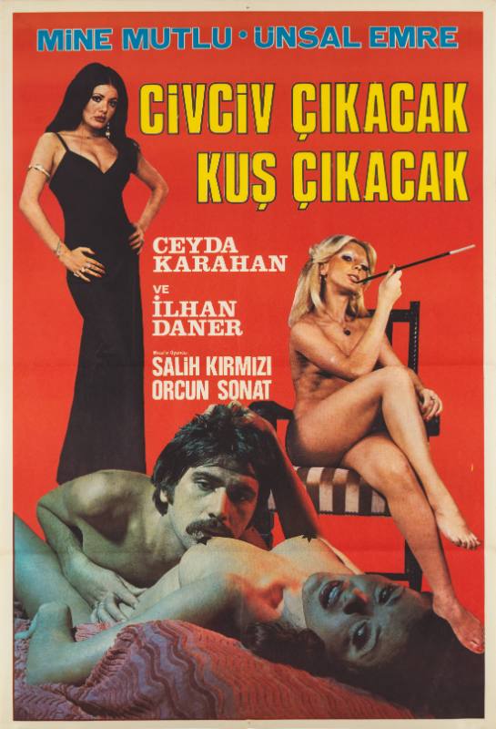 A poster of a woman wearing a black gown, a seated woman smoking, above a nude couple laying together.